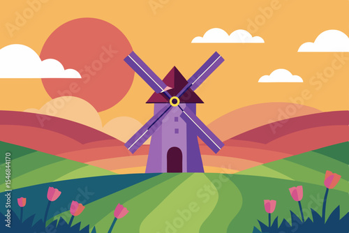 Old wind-powered mill in a green agricultural field under a cloudy sky