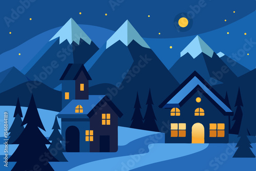 A vector illustration of a winter night landscape with a house in a snowy village under a moonlit sky, evoking a Christmas holiday scene