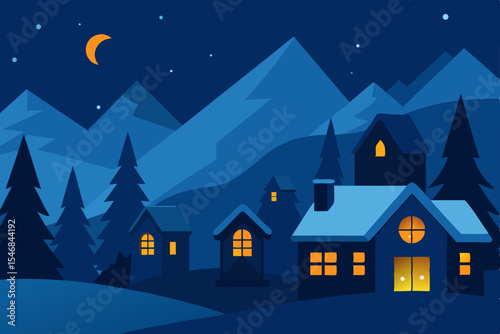 Christmas winter night landscape with houses, snow, and a moonlit sky