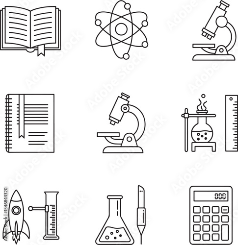 Science education vector icons set: microscope, atom, book, flask, calculator, rocket, ruler on transparent background