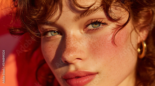 Portrait of a woman with green eyes freckles and curly hair beauty and skincare close up face shot 100 char
