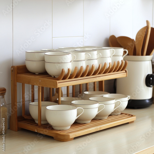 Modern kitchen with a wooden dish drainer in a minimalist style. 