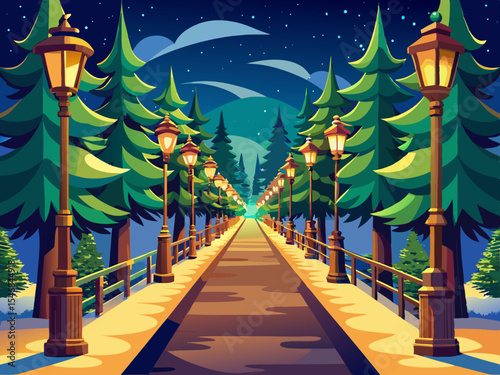 vector of A walkway lined with pine trees with standing street lights along the way.