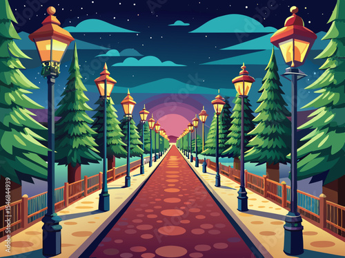 vector of A walkway lined with pine trees with standing street lights along the way.