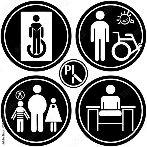Design a clean and minimalistic icon set in black and white representing common public facility signs. Include icons for male restroom, female restroom, accessible restroom (wheelchair)