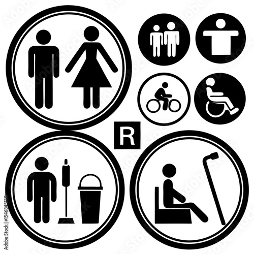 Design a clean and minimalistic icon set in black and white representing common public facility signs. Include icons for male restroom, female restroom, accessible restroom (wheelchair)