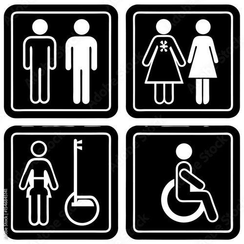 Design a clean and minimalistic icon set in black and white representing common public facility signs. Include icons for male restroom, female restroom, accessible restroom (wheelchair)