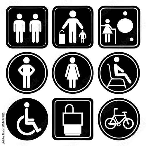 Design a clean and minimalistic icon set in black and white representing common public facility signs. Include icons for male restroom, female restroom, accessible restroom (wheelchair)
