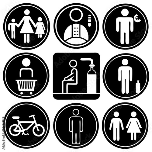 Design a clean and minimalistic icon set in black and white representing common public facility signs. Include icons for male restroom, female restroom, accessible restroom (wheelchair)