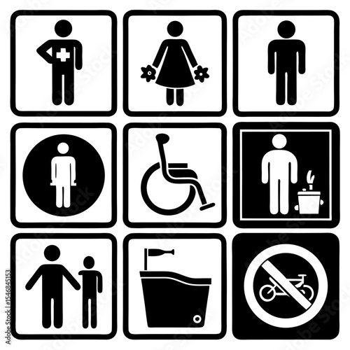 Design a clean and minimalistic icon set in black and white representing common public facility signs. Include icons for male restroom, female restroom, accessible restroom (wheelchair)