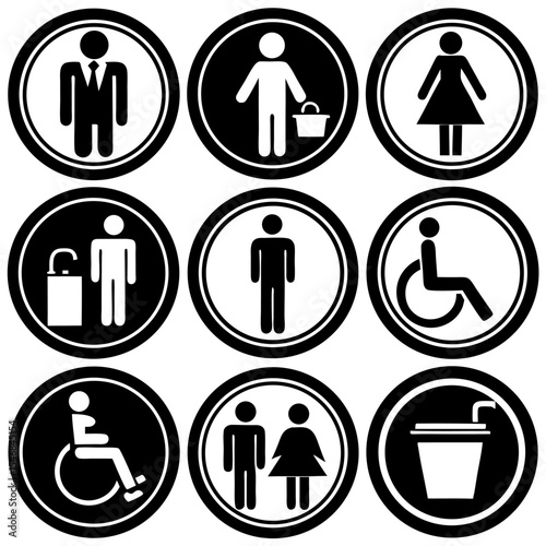 Design a clean and minimalistic icon set in black and white representing common public facility signs. Include icons for male restroom, female restroom, accessible restroom (wheelchair)