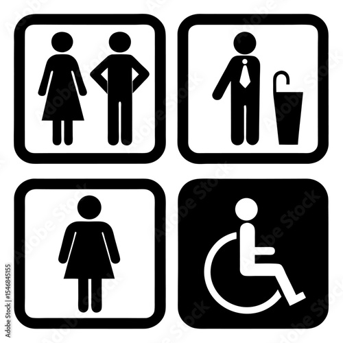 Design a clean and minimalistic icon set in black and white representing common public facility signs. Include icons for male restroom, female restroom, accessible restroom (wheelchair)