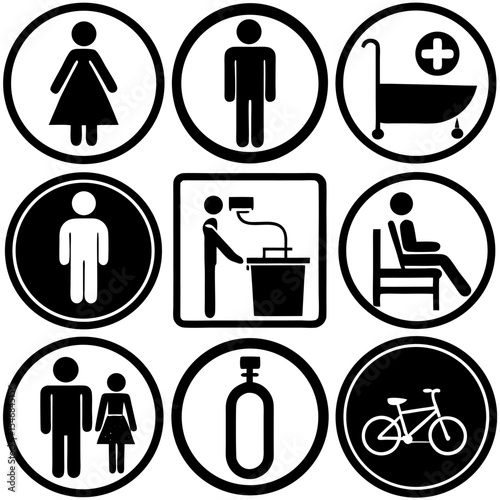 Design a clean and minimalistic icon set in black and white representing common public facility signs. Include icons for male restroom, female restroom, accessible restroom (wheelchair)