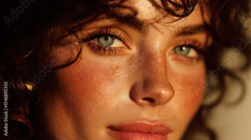 Portrait of a beautiful woman with blue eyes freckles and curly hair in golden hour lighting effect