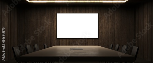 Empty conference room with a blank screen