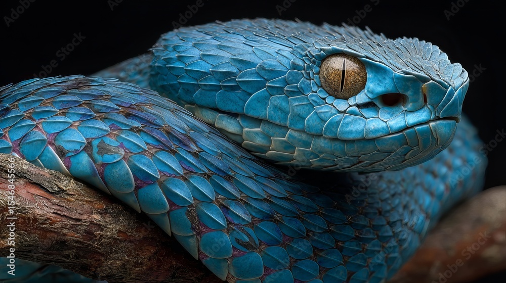 Fototapeta premium Vibrant Blue Viper Snake Closeup Striking Scales Reptile Wildlife Nature Photography