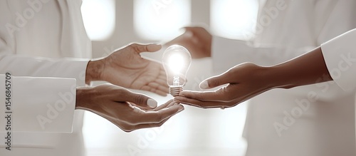 Collaboration and Innovation.  Hands holding a glowing lightbulb