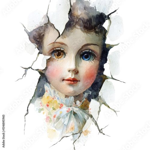 cracked porcelain doll with mismatched eyes, watercolor style, isolated on transparent background 