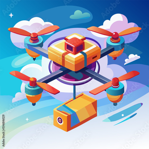 A delivery drone carrying a small package, flying in clear sky with soft shadows colorful art on white background