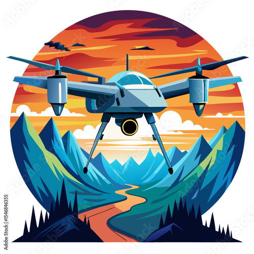 A military surveillance drone equipped with dual sensors, hovering above with light sky and mountain silhouette in the background – colorful art on white background