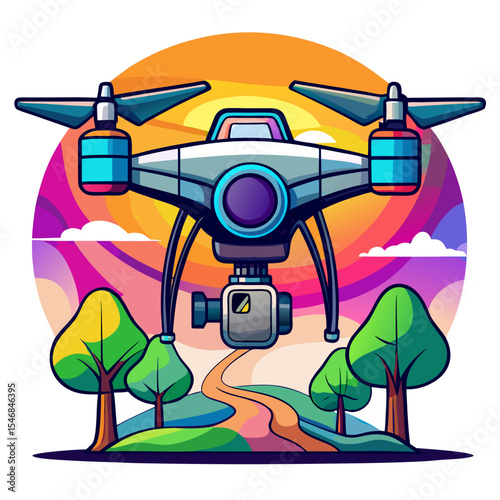 A photography drone with gimbal camera lens pointing downward, sky and faint tree outlines in the background  colorful art on white background