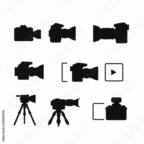Camera equipment black silhouette icon set