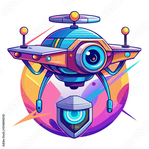 A surveillance drone with a glowing lens, floating steadily in the center – colorful art on white background
