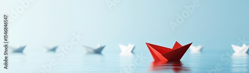 A red origami boat stands out amongst many white ones on a light blue surface