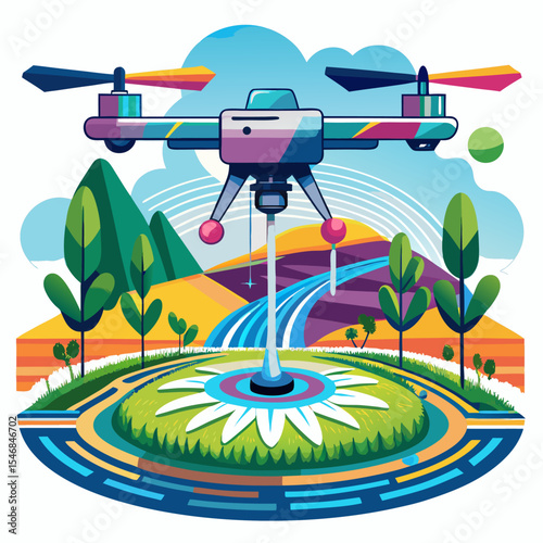 An irrigation drone hovering above a small field with visible water stream jets colorful art on white background