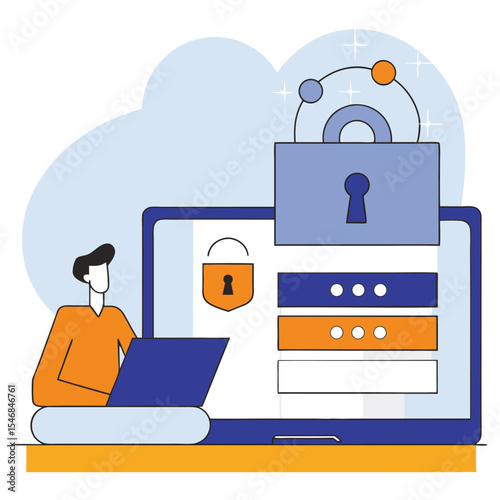 Cyber security. Character use two factor authentication on laptop for password validation. Data protection, cybersecurity, privacy, secure network concept. Vector illustration