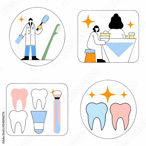 Dental care illustration set. Doctor dentist and medical staff taking care about patients teeth. Professional teeth cleaning, oral hygiene and whitening concept. Vector