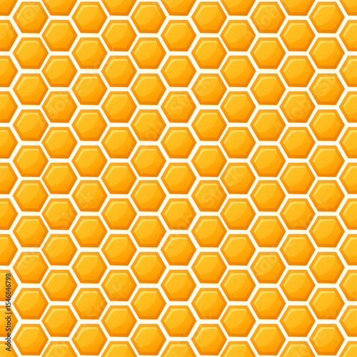 Honeycomb seamless pattern of golden hexagonal cells filled with sweet honey on bright background