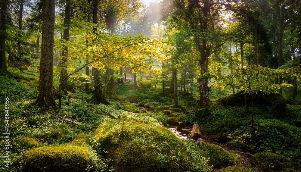 Fototapeta premium captivating forest landscape with lush greenery and vibrant yellow accents