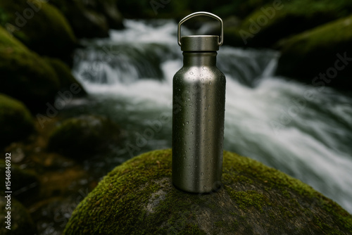 Condensation-Covered Stainless Steel Water Bottle by Mossy Stream.

