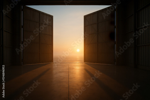 Gigantic industrial steel doors swung open onto a bright sunrise horizon, long converging shadows across concrete.