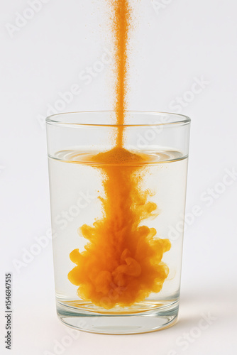 Bright orange powder is poured into a clear glass of water, creating a vibrant swirling pattern as it dissolves on a plain white backdrop.