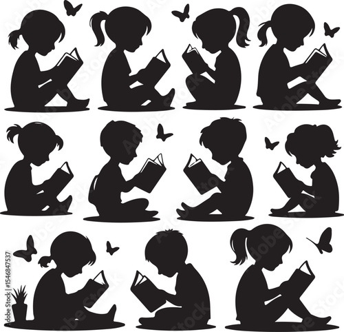 Silhouette Collection Children Immersed in Reading Books