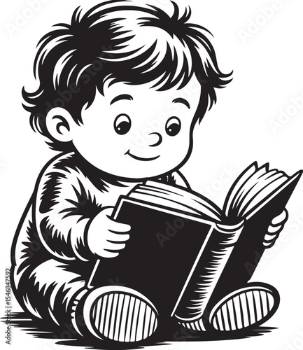 Adorable Toddler Immersed in Reading a Book A Charming Black and White Illustration