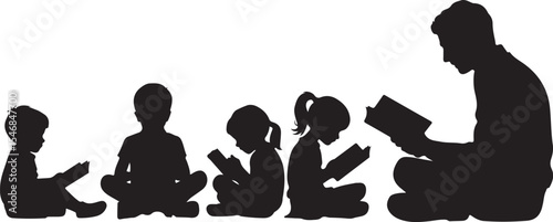 Silhouette of Children and Adult Reading Books Together