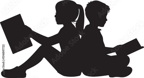 Silhouette of Two Children Reading Books Together