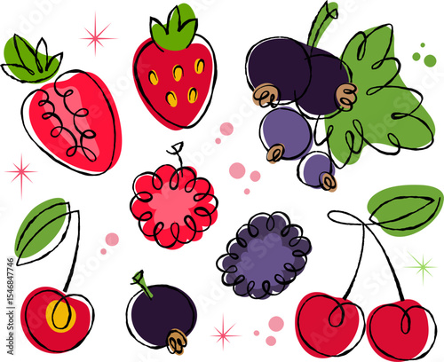 Hand drawn fruit and berry collection with strawberry and cherry illustrations on transparent background. Cute style for summer.