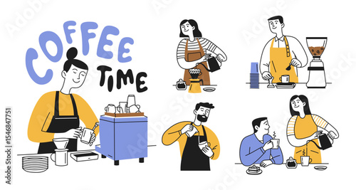 Doodle set of men and women. People communication over a cup of hot coffee. Concept of making coffee by barista or at home by yourself. Vector