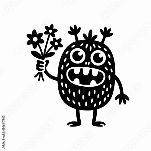 A quirky, cartoon-style monster with a toothy grin holds a bouquet of flowers.