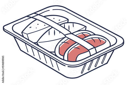 Meat Tray Icon Featuring a Styrofoam or Plastic Tray with Fresh Cuts of Meat and Clear Packaging”