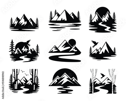 Stylized Mountain Landscape Vector Set – 12 Black & White Silhouette Illustrations for Outdoor & Adventure Branding