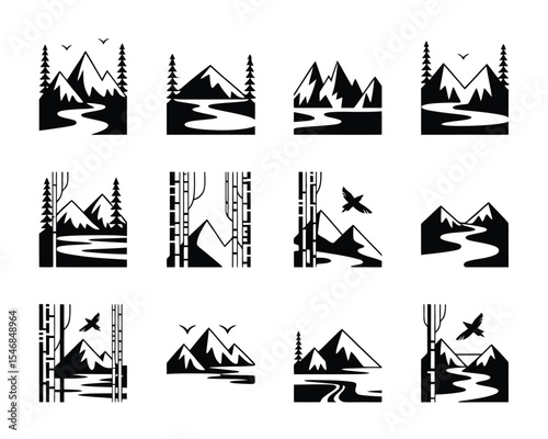 Stylized Mountain Landscape Vector Set – 12 Black & White Silhouette Illustrations for Outdoor & Adventure Branding