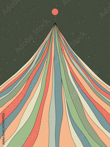 Geometric striped mountains. Wavy colorful landscape. 1960s retro poster