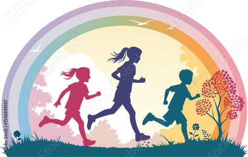Circular Frame with Colored Silhouettes of Running People
