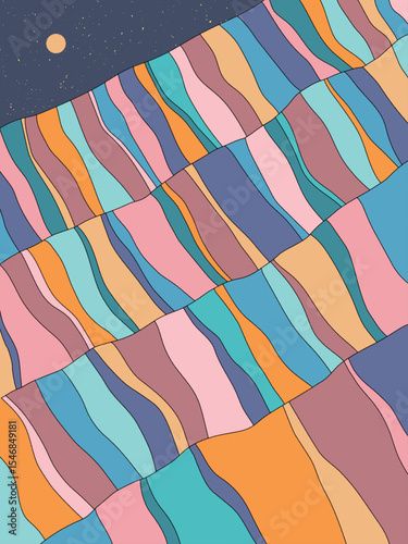 Geometric striped mountains. Wavy colorful landscape. 1960s retro poster