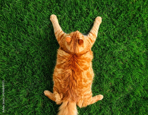 Gato atigrado naranja relajado boca arriba sobre césped verde.

